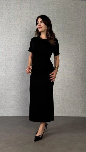 Kadın Kısa Kollu Bisiklet Yaka Yandan Bağlamalı Viskon Iki Iplik Elbise - Resim 7