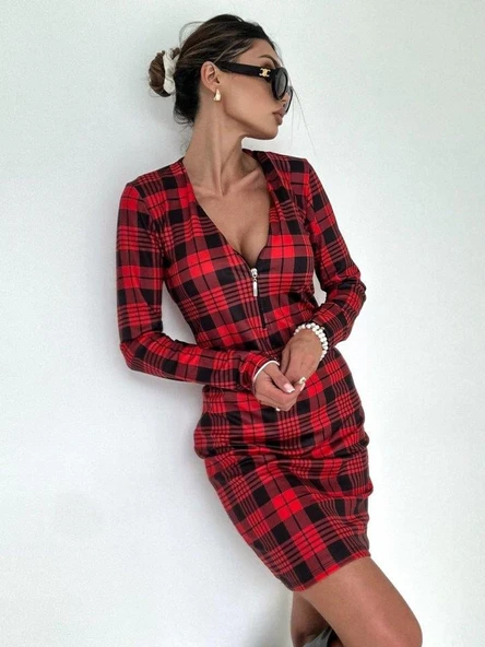 Kadın Uzun Kollu Fermuarlı Ekose Baskılı Dalgıç Elbise ürün görseli