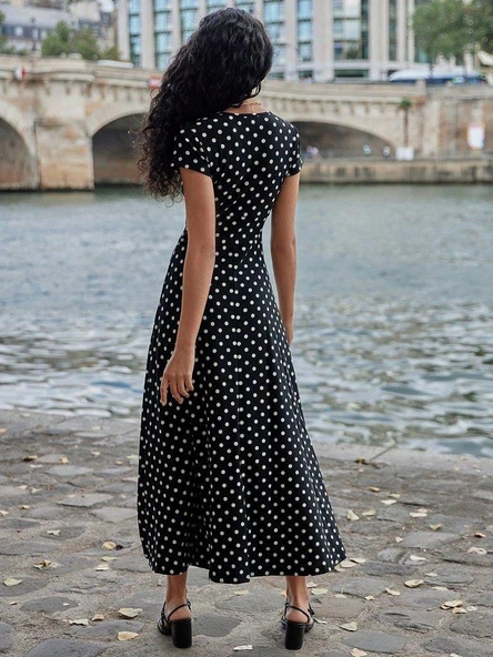 Kadın Kısa Kollu Bisiklet Yaka Puantiyeli Maksi örme Krep Elbise - Resim 11