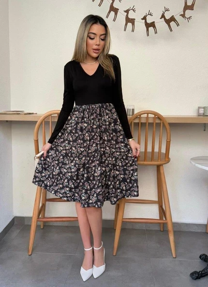 Kadın Uzun Kollu V Yakalı üst Viskon Alt çiçek Desenli Süprem Kısa Elbise - Resim 4