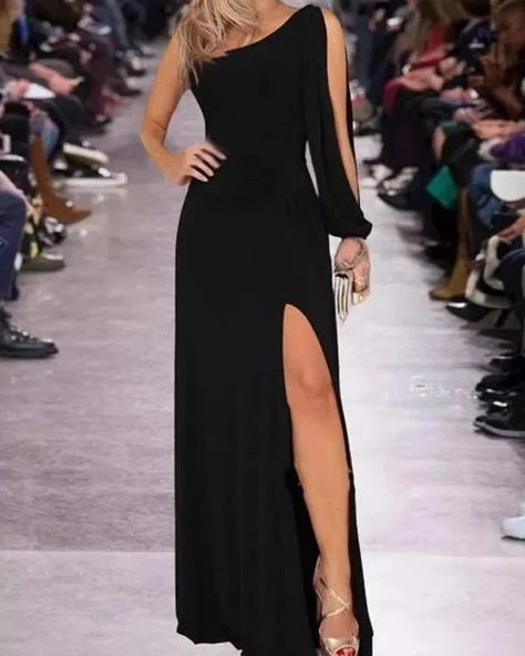 Tek Omuz Açık Derin Yırtmaçlı Krep Tam Boy Elbise - Resim 3