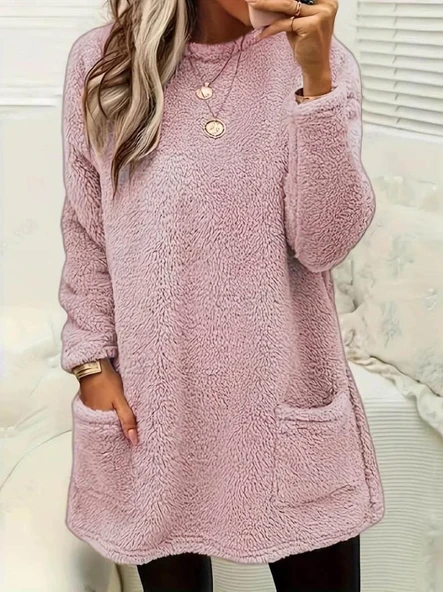 Kadın Uzun Kollu Yuvarlak Yakalı Cepli Peluş Bluz - Resim 3