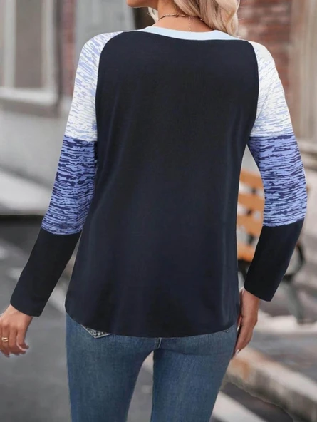 Kadın Uzun Kollu Yuvarlak Yaka Baskılı Düğme Detay Süprem Bluz - Resim 3