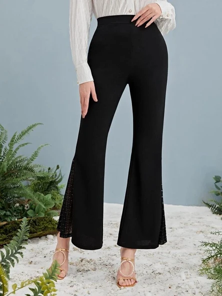 Kadın Yüksek Bel Yanları Tül Detaylı Dalgıç Tayt Pantolon - Resim 4