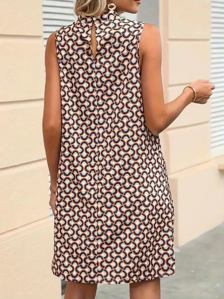 Kadın Balıkçı Yaka Kolsuz Desenli Dalgıç Elbise - Resim 2