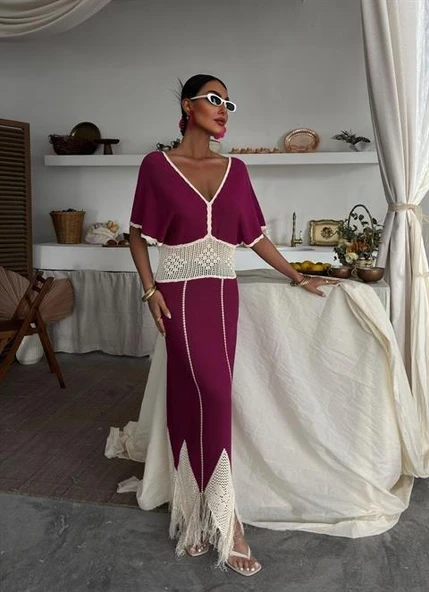 Dantel Desenli V Yaka Triko Elbise 2844 - Resim 8