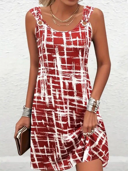 Kadın Askılı Kuş Gözü Detaylı Desenli Süprem Elbise - Resim 3