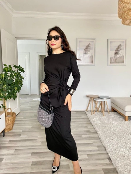 Kadın Uzun Kollu Bisiklet Yaka Belden çapraz Bağlamalı Yandan Yırtmaçlı Uzun Viskon Iki Iplik Elbise - Resim 11