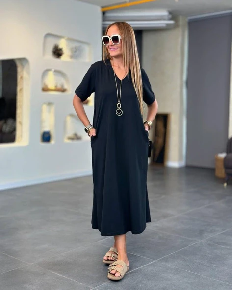 Kadın Kısa Kollu V Yakalı Cep Detaylı Uzun Viskon Iki Iplik Elbise ürün görseli