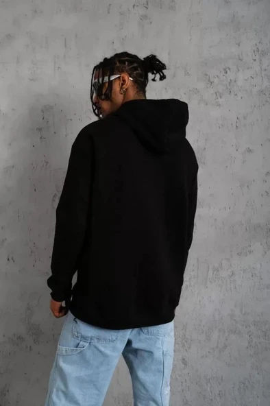 Erkek DANKES Baskılı Kapüşonlu Sweat - Siyah - Resim 3