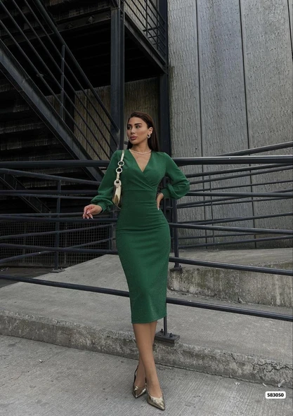 Kadın Kruvaze Yaka Balon Kol Simli Krep Kumaş Midi Boy Elbise - Resim 2