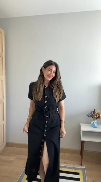 Kadın Kısa Kollu Yakalı önden Düğmeli Beli Kuşaklı Ithal Keten Elbise ürün görseli