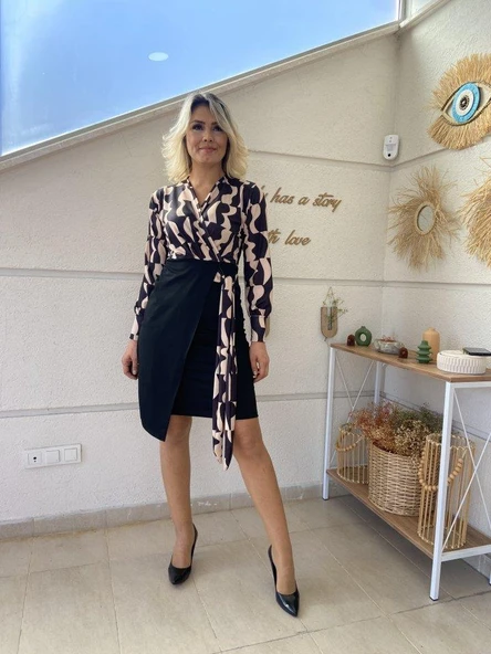 Kadın Uzun Kollu Kruvaze Yaka Dijital Baskılı Fiyonk Detay Dalgıç Kumaş Elbise - Resim 8