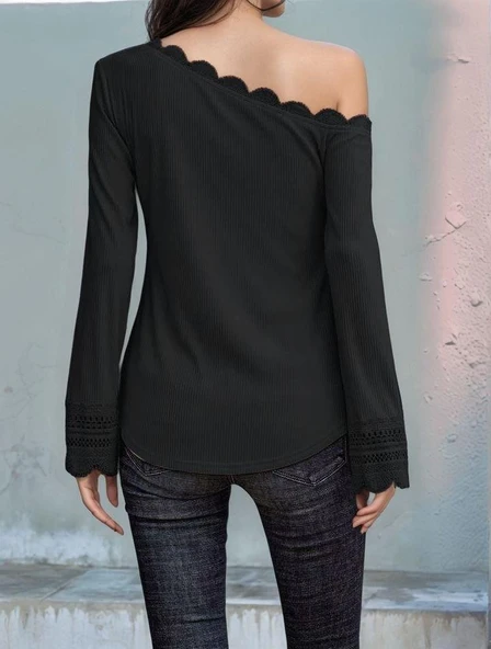 Kadın Uzun Kollu Tek Omuzu Açık Dantelli Burgu Bluz - Resim 2