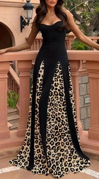 Kadın Dalgıç Kumaş Leopar Desenli Kloş Elbise ürün görseli