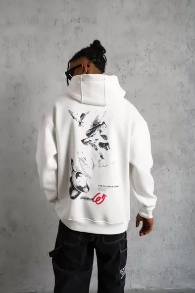 Erkek Şapkalı Güvercin Baskılı Kapşonlu Sweat - Beyaz ürün görseli