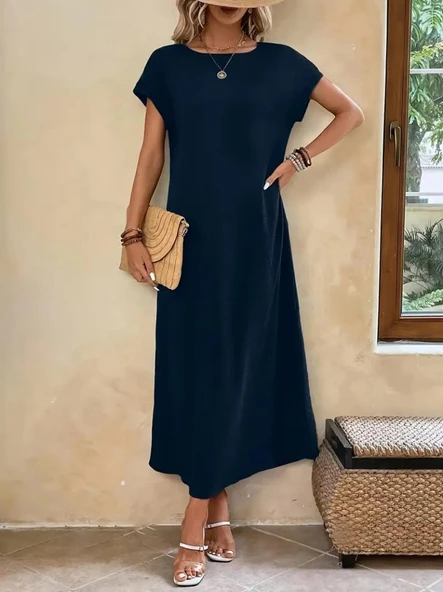 Kadın Uzun Kollu Yakası Açık Viskon Elbise - Resim 4