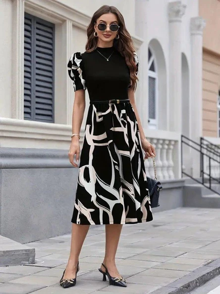 Kadın Kısa Kollu Yarı Balıkçı Yaka üst Viskon Alt Desenli Dokuma Midi Elbise - Resim 3