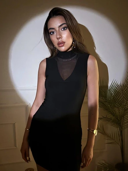 Kadın Balıkçı Yaka Tül Detay Kolsuz Mini Elbise - Resim 4