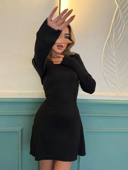 Kadın Uzun Kollu Bisiklet Yaka Kısa Kaşkorse Elbise - Resim 5