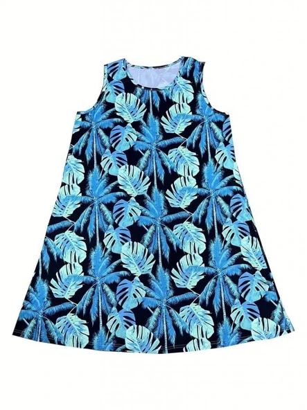 Kadın Mavi Yaprak Baskılı Askılı Süprem Elbise - Resim 4