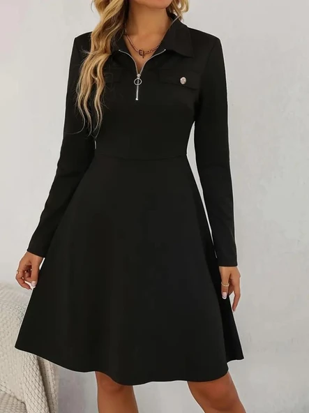 Kadın Uzun Kollu Yakalı Fermuarlı Ve Cepli Kısa Ithal Krep Kısa Elbise - Resim 5