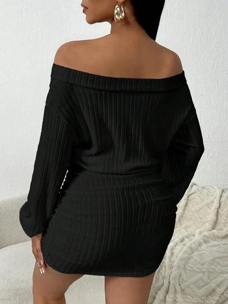 Kadın Uzun Kollu Omuzlardan Açık Yanlardan Büzgülü şardonlu Kaşkorse Elbise - Resim 4