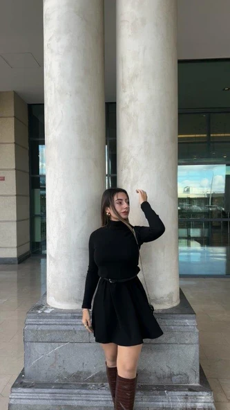 Kadın Uzun Kollu Balıkçı Yaka Salaş Kusa Akrilik Elbise - Resim 3