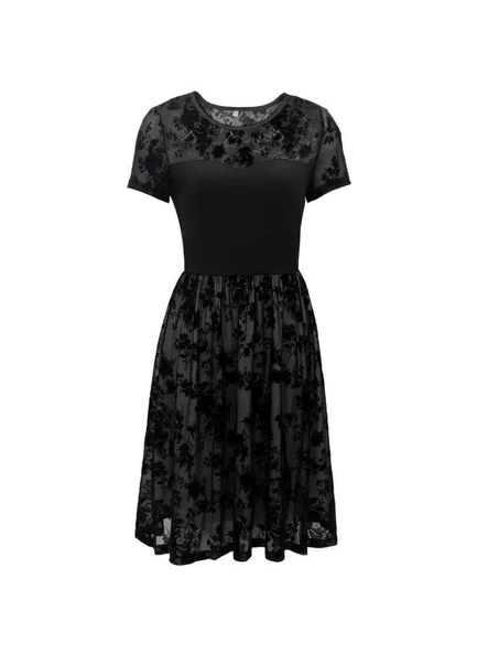 Kadın Kısa Kollu Bisiklet Yaka Tül Flok Baskı Detaylı Elbise - Resim 6