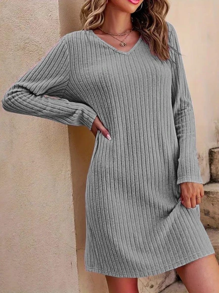 Kadın Uzun Kollu V Yakalı Kısa şardonlu Kaşkorse Elbise ürün görseli