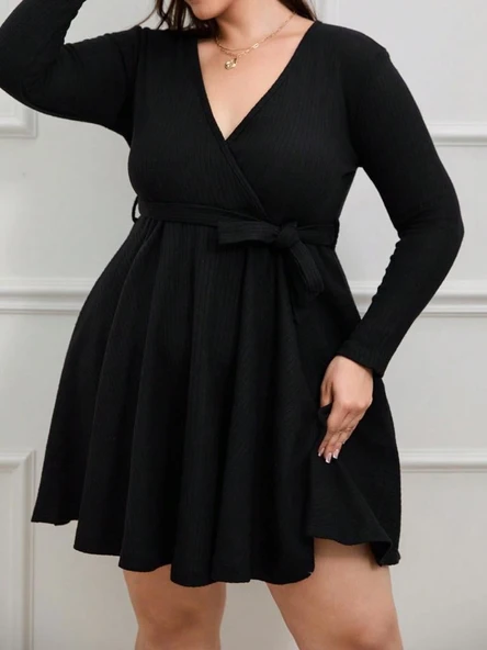 Kadın Uzun Kollu Kruvaze Yaka Kuşak Detay Salaş şardonlu Kaşkorse Mini Elbise ürün görseli