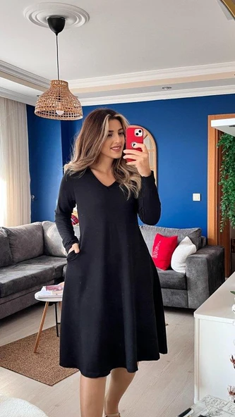 Kadın Uzun Kollu V Yakalı Salaş Midi Iki Iplik Elbise ürün görseli