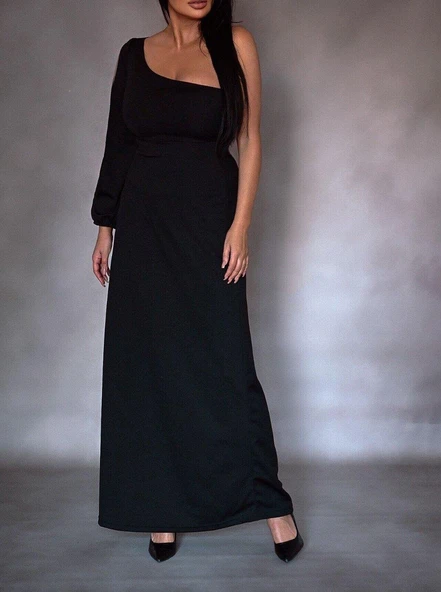 Tek Omuz Açık Derin Yırtmaçlı Krep Tam Boy Elbise - Resim 6