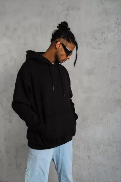 Erkek Düz Kapüşonlu Sweat - Siyah - Resim 3