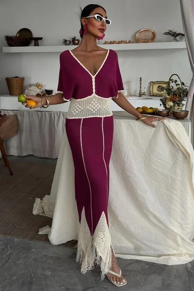 Dantel Desenli V Yaka Triko Elbise 2844 ürün görseli