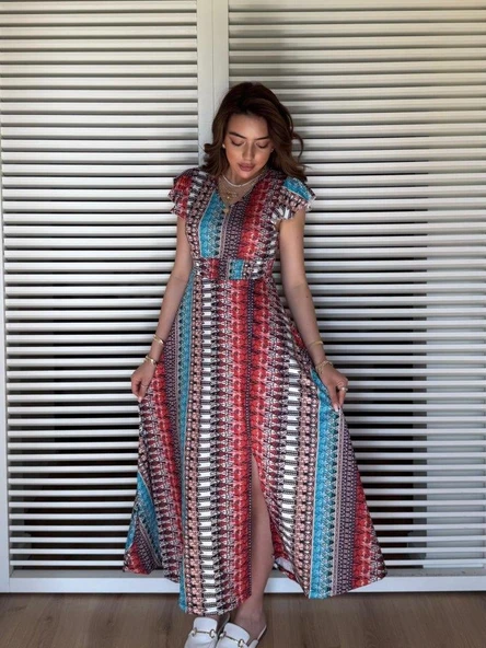 Kadın Kısa Kollu V Yakalı Desenli Yandan Yırtmaçlı Süprem Elbise - Resim 3