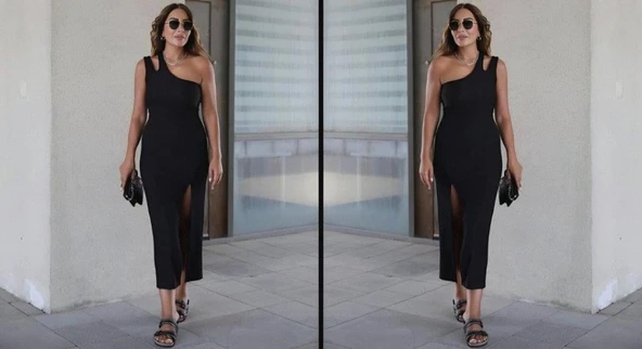 Kadın Sıfır Kol Tek Omuz Damla Detay JanJan Krep Elbise - Resim 3