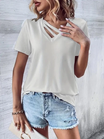 Kadın Kısa Kollu V Yaka şerit Detay Viskon Bluz - Resim 3