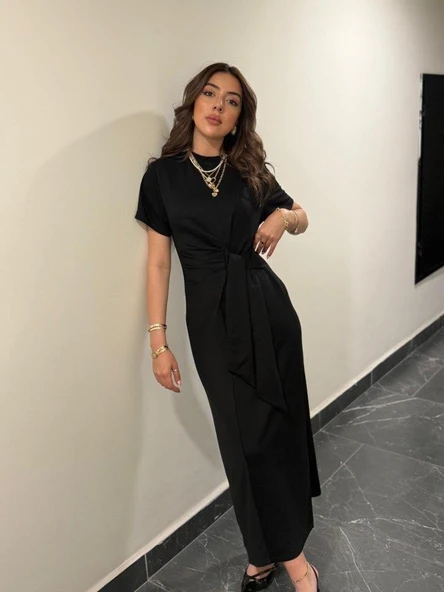 Kadın Kısa Kollu Bisiklet Yaka Yandan Bağlamalı Viskon Iki Iplik Elbise ürün görseli