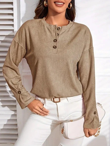 Kadın Uzun Kollu V Yakalı Düğmeli Salaş şardonlu Kaşkorse Bluz ürün görseli