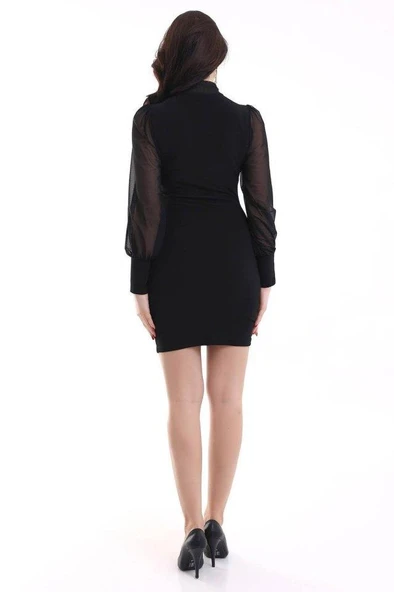 Kadın Balıkçı Yaka Transparan Detay Fırsat ürün Sandy Kumaş Mini Elbise - Resim 6