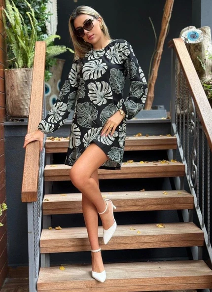 Kadın Uzun Kollu Bisiklet Yaka Desenli Kısa Krep Elbise - Resim 4