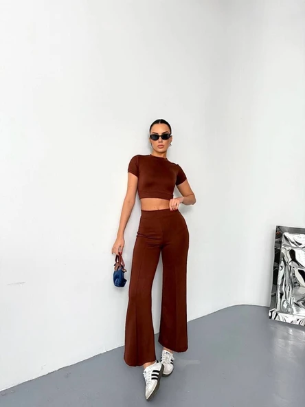 Osy Modal Yumuşak Dokulu Kumaş Kısa Kollu Crop Alt Ispanyol Paça Pantalon Ikili Takım - Kahverengi - 1