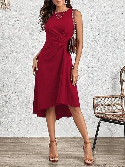 Kadın Sıfır Kollu Bisiklet Yaka Büzgülü Asimetrik Kesim Detaylı Janjan Krep Elbise - Resim 3