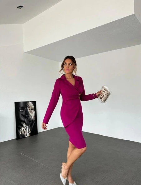 Kadın Ceket Yaka Düğme Detaylı Atlas Kumaş Elbise - Resim 5