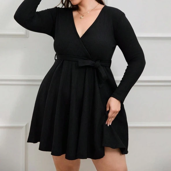 Kadın Uzun Kollu Kruvaze Yaka Kuşak Detay Salaş şardonlu Kaşkorse Mini Elbise - Resim 3