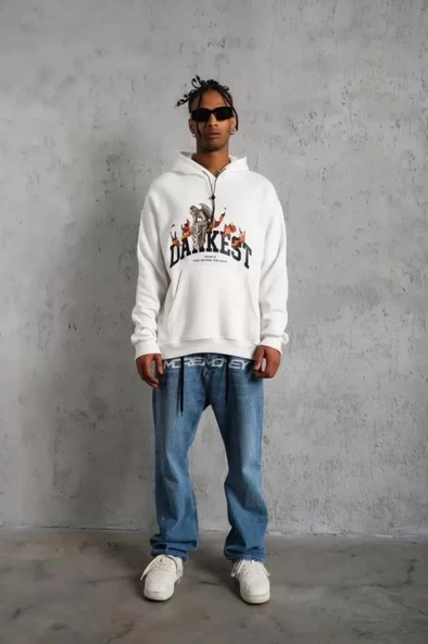 Erkek DANKES Baskılı Kapüşonlu Sweat - Beyaz ürün görseli