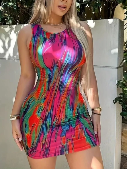 Kadın Kalın Askılı çok Renkli Dalgıç Mini Elbise - Resim 3