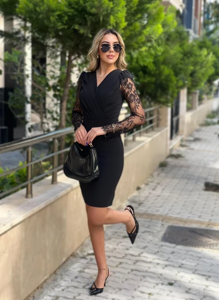 Kadın Uzun Kollu Kruvaze Yaka Kollar Tül Detay Krep Mini Boy Elbise - Resim 4