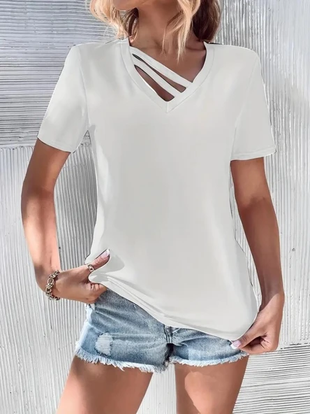 Kadın Kısa Kollu V Yaka şerit Detay Viskon Bluz - Resim 5